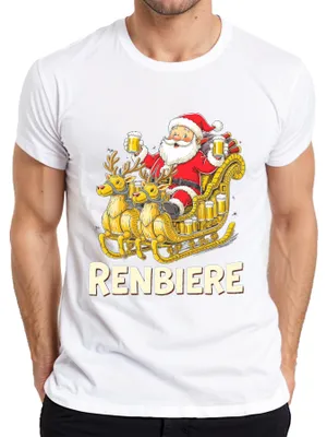 Immagine prodotto di RENBIERE Divertente Maglietta da uomo con renna e Babbo Natale, Bianco, XL