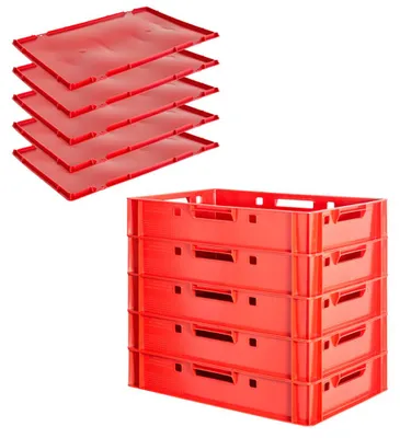 Produktbild von Fleischkiste E1 mit Deckeln Rot Kiste Eurobox Lebensmittelecht 60 x 40 Metzgerkiste Auswahl Stapelbar Kingpower, Anzahl:5