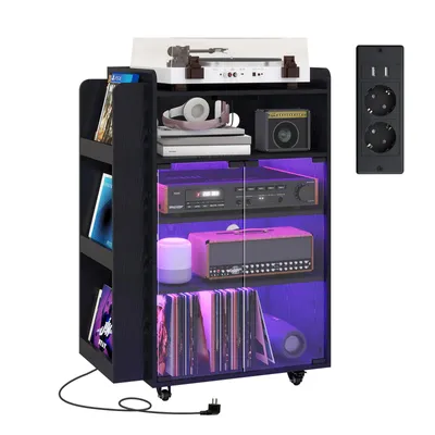 Produktbild von Puluomis Schallplattenschrank mit LED RGB Beleuchtung,  Steckdosenleiste, Wohnzimmerschrank mit Rollen, Magnetdruckverschlüsse, Verstellbare Böden
