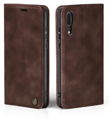 Two views of a brown leather flip phone case for a Huawei P20.