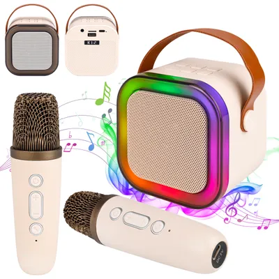 Produktbild von MasterLED Bluetooth Karaoke Lautsprecher mit 2 Mikrofonen, RGB Licht & USB-C, MP3 & microSD – tragbar, beige