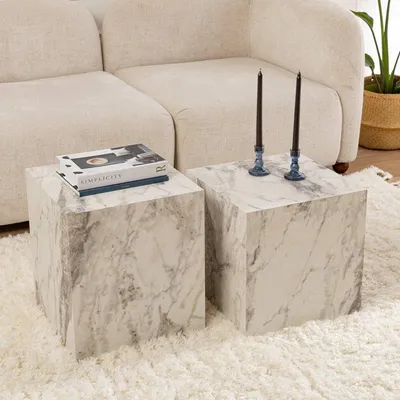 Image de Brennan - Table basse, 40x40x45 cm Blanc Marbre, Forme Cubique
