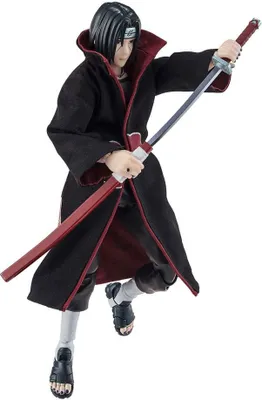 A full-body shot of an action figure of Itachi Uchiha from Naruto, holding a sword.