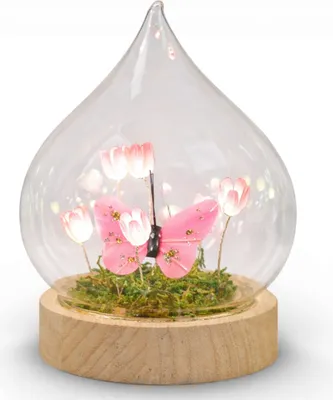 Produktbild von formano LED Deko Tropfen Blumen Schmetterling mit Holzsockel und Timer 14 cm