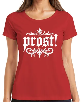 Immagine prodotto di Maglietta da donna, stile "Gothic Blackletter", con scritta divertente, in pelle, con motivo "lederhose" e "dirndl", colore rosso, taglia M