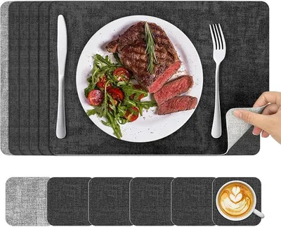 Produktbild von PolkaHome® Tischsets 6er Set: Rutschfeste Platzsets Doppelseitig PVC Untersetzer & Tischsets – Hitzebeständige Essmatten für den