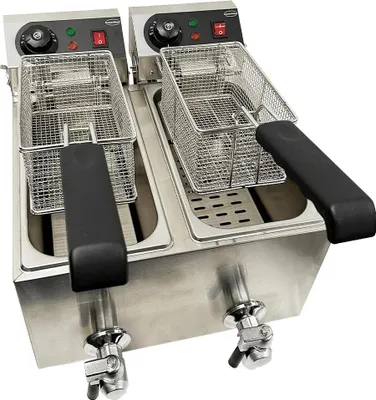 Produktbild von Elektro Tischfritteuse 2x4 L mit 2 Körben, Edelstahl und Ablassventil