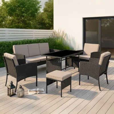Produktbild von FCH Gartenmöbel-Set,Polyrattan Lounge Set,Gartenlounge-Set - Sofa, Tisch, Hocker & Kissen