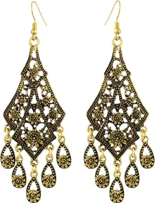 Produktbild von 1 Paar Damen-Hakenohrringe, Vintage-Quaste, ausgehöhlt, geschnitzte Blumenform, Wassertropfenform, böhmische Ohrdekoration, Schmuck, Urlaubsohrringe, Hängeohrringe