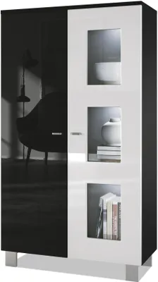 Produktbild von Vladon Vitrine Denjo,  Germany, Standvitrine mit 2 Türen und 3 Glaseinsätzen, Schwarz matt/ Schwarz Hochglanz/ Weiß Hochglanz inkl. LED-Beleuchtung (71 x 129 x 35 cm)