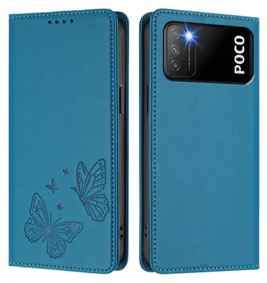 Produktbild von Lederhülle für Xiaomi Poco M3/Redmi 9T, Schmetterling Prägung Leder Brieftasche Schutzhülle mit Ständer Blau