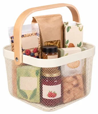 Produktbild von Relaxdays Aufbewahrungskorb, mit Henkel, Kleidung, Deko, Stahl & Holz, Utensilienkorb, HBT: 17,5x26x24,5 cm, creme, KI-generiertes Bild