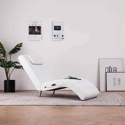 Produktbild von Relaxliege mit Massagefunktion in Weiß aus Kunstleder, ergonomisch verstellbar, mit Kissen, stabile Stahlbeine, ideal für Wohnzimmer, Büro, Lounge, zum Relaxen, Lesen, Schlafen und Liegen