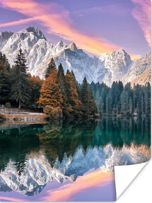 Produktbild von MuchoWow® Poster Berg - Wald - Wasser - Himmel - Rosa - Lila 90x120 cm - Wohnzimmer