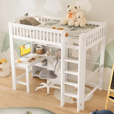 Image de OKWISH Lit Mezzanine Enfant 90x200 cm - Lit Surélevé avec Escalier et Rangements Intégrés - Bois de Pin + MDF - Blanc