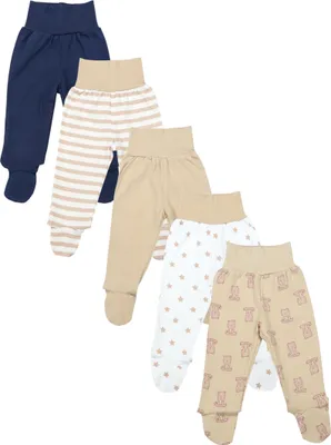 Zdjęcie produktu dla Spodnie dla niemowląt TupTam, unisex, z nogawkami, kolorowe, zestaw 5 sztuk, kolor: granatowo-beżowy w gwiazdki, paski i misie, rozmiar: 74