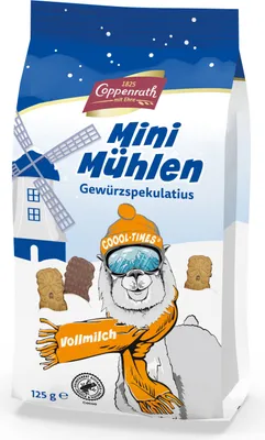 A bag of Coppenrath Mini Mühlen cookies with a winter-themed illustration.