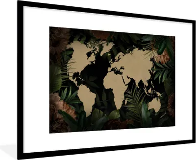 Produktbild von MuchoWow® MuchoWow® Gerahmtes Poster Weltkarte - Blätter - Tropische Pflanzen 90x60 cm - Poster mit zchwarzem Bilderrahmen - Wanddekoration - Fotos