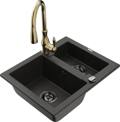 Produktbild von Mexen Carlos 1,5-Becken-Granitspüle mit Mischbatterie Savita, Schwarz/Gold metallisch - 6518-75-672601-50-B