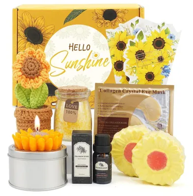 Image de Coffret cadeau pour femmes, comprenant 8 articles : bougie parfumée, huile parfumée, bombes de bain, sels de bain, décoration sur le thème des tournesols, masques pour les yeux et une carte de vœux