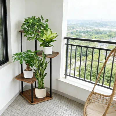 Produktbild von 4 Etagen Blumenständer,Eck-Pflanzenregal aus Holz & Metall,Pflanzenhalter für Wohnzimmer Balkon,Pflanzen Display Regal Dekoration 30x30x80cm
