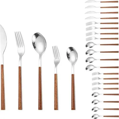 Produktbild von Besteck-Set, 20-teilig, Edelstahl, Holzgriffe, Messer, Gabeln, Löffel, Geschirrset für 4 Personen, ideal für Feiern, Küche und Grillpartys