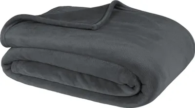 A folded gray fleece blanket.