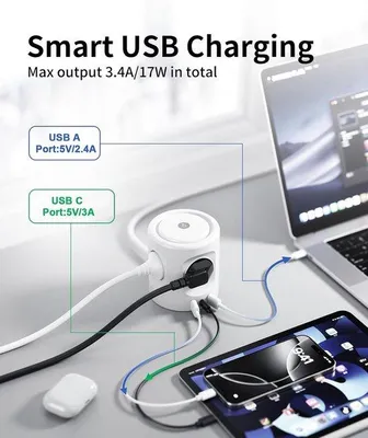 Zdjęcie produktu dla Listwa zasilająca 7 w 1 z 3 portami USB, moc 3680 W, wielokrotna listwa zasilająca z włącznikiem/wyłącznikiem, listwa zasilająca z 4 gniazdami i lampką, zabezpieczenie przeciwprzepięciowe