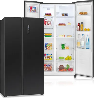 A black side-by-side refrigerator with its doors open, revealing the interior compartments filled with food items.