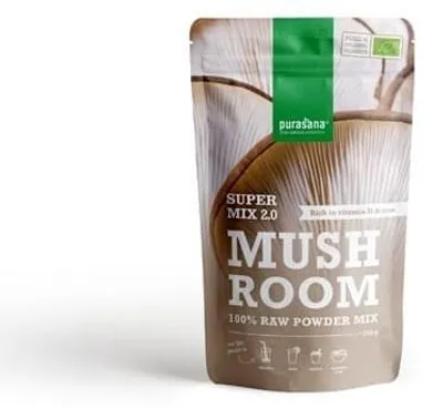 GRZYBY + ASHWAGANDHA O SMAKU KAKAO-BANAN W PROSZKU BEZGLUTENOWE BIO 250 g - PURASANA