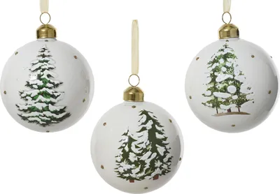 Produktbild von Weihnachtskugeln Glas 8cm mit Tannenbaum Motiv 3er Set weiß