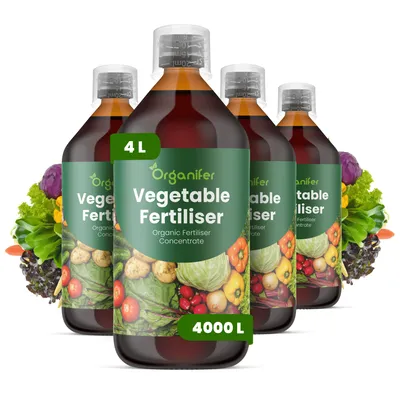 Obrázok produktu pre Tekuté hnojivo na zeleninu, 4 x 1 liter – vzorec NPK 2-1-8 – vhodné na zeleninu – pre dlhodobú tvorbu plodov, stabilitu a silu rastlín – značka Organifer