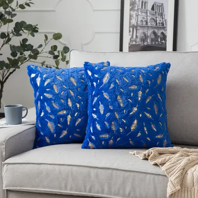 Produktbild von 2er Set Plüsch Kissenbezug 45 x 45 cm Gold Feder Dekokissen Kissenhülle für Couch Sofa Home Bett Deko, Blau