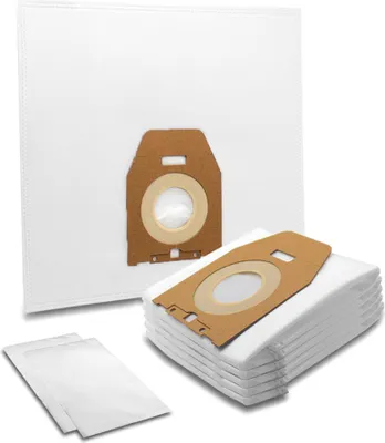 A stack of vacuum cleaner bags and two individual bags on a white background.