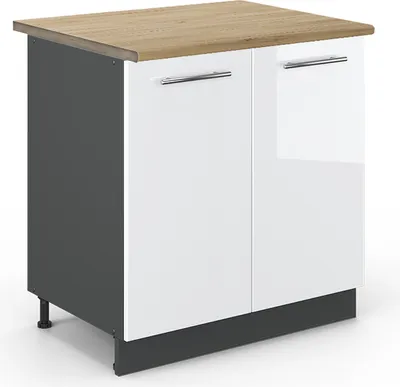 Produktbild von Spülenunterschrank Vicco Fame-Line Weiß Hochglanz 80 cm mit Regal, AP Eiche, Model 46418