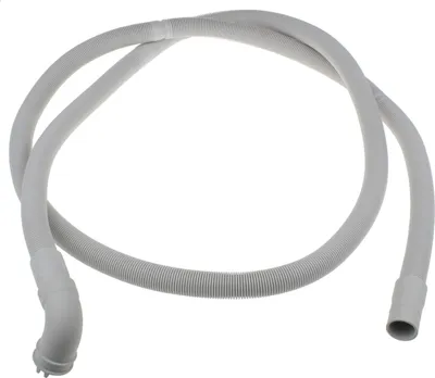 A white, flexible hose with ribbed texture, likely a drain hose for a dishwasher or washing machine, is shown against a white background.