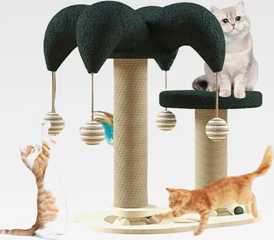 Produktbild von Kratzbaum für Indoor Katzen, 6 in 1 Katzenkratzbaum mit hängenden Bällen, Rotierender Smart Track Ball, Feder, Sisal und Juteseil Interaktives Katzenspielzeug für kleine und mittelgroße Katzen