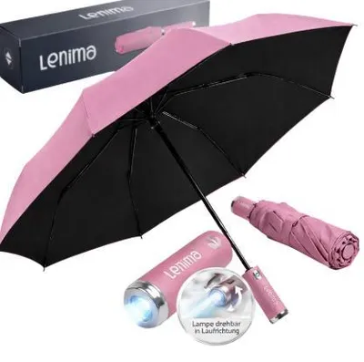 Produktbild von Regenschirm mit Licht, sturmfest-130 km/h - Taschenschirm mit Auf-Zu-Automatik, klein, leicht & kompakt, windsicher, stabil, Lampe in Laufrichtung