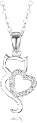 Imagen del producto de MINET: Collar de plata con forma de gato, con un corazón y circonitas blancas