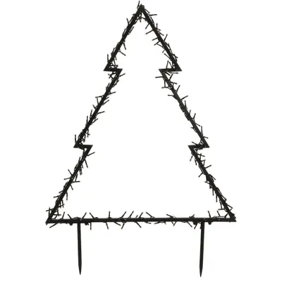 A black wireframe Christmas tree outline with lights, standing on two stakes.