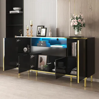Produktbild von Sideboard 150x40x80 cm, hochglänzende schwarze Kommode mit 1 Schublade, Schlafzimmerkommode für Wohnzimmer oder Flur, Schwarz