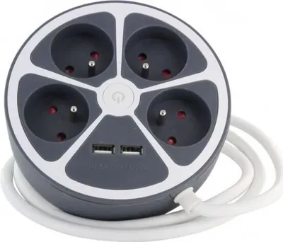 Obrázok produktu pre Predlžovací kábel CHACON, 4 x 16 A + 2 USB, kábel 1,5 m, sivý, s vypínačom, 3680 W