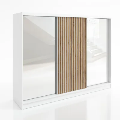 Produktbild von Schwebetürenschrank DIVER , 3-türig Schrank 200 cm Kleiderschrank mit 4 Schubladen, und 3D-Lamellen. Farbe: Weiß