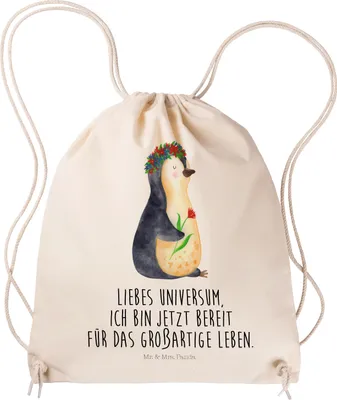 Produktbild von Mr. & Mrs. Panda Turnbeutel Pinguin Blumen - Transparent - Geschenk, Wünsche, Sportbeutel, Kleiner Rucksack, Universum, Jutebeutel, wander, Stoffbeutel, Beutel, Pinguine