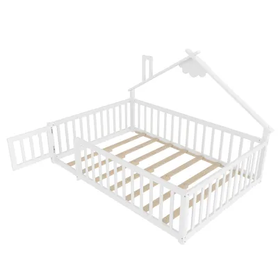 Obrázek produktu pro okwish Dětská postel 140×190, juniorské lůžko s domečkovým rámem, dřevěná postel s bezpečnostní zábranou, z borovicového dřeva, bílá (bez matrace)