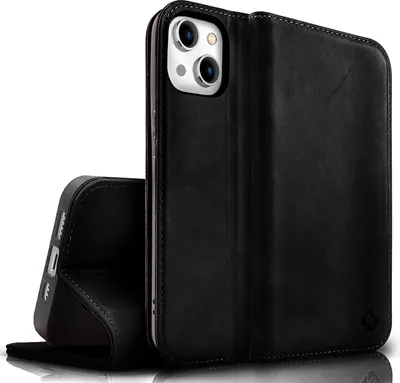 Image de NALIA Housse en cuir véritable pour iPhone 15 Housse en cuir de vache Housse en cuir avec protection RFID, support rabattable Noir