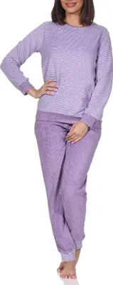 Produktbild von Normann Damen Frottee Pyjama mit Bündchen in Tupfen- und Ringeldesign  - auch in Übergröße ; Ringel lila , 48