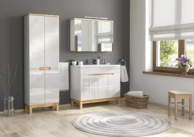 Zdjęcie produktu dla Elegancki Zestaw Łazienkowy 100 Cm Biały Połysk Z Lustrem I Umywalką