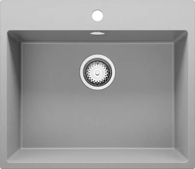 A top-down view of a gray granite kitchen sink with a drain assembly.