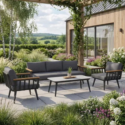 Produktbild von BEAUTYSOFA | NOVA Gartenmöbel Set Grau – Lounge Set mit 3-Sitzer Sofa, 2 Sessel & Couchtisch, Gartenlounge, Terrassenmöbel, Balkonmöbel für 5 Personen